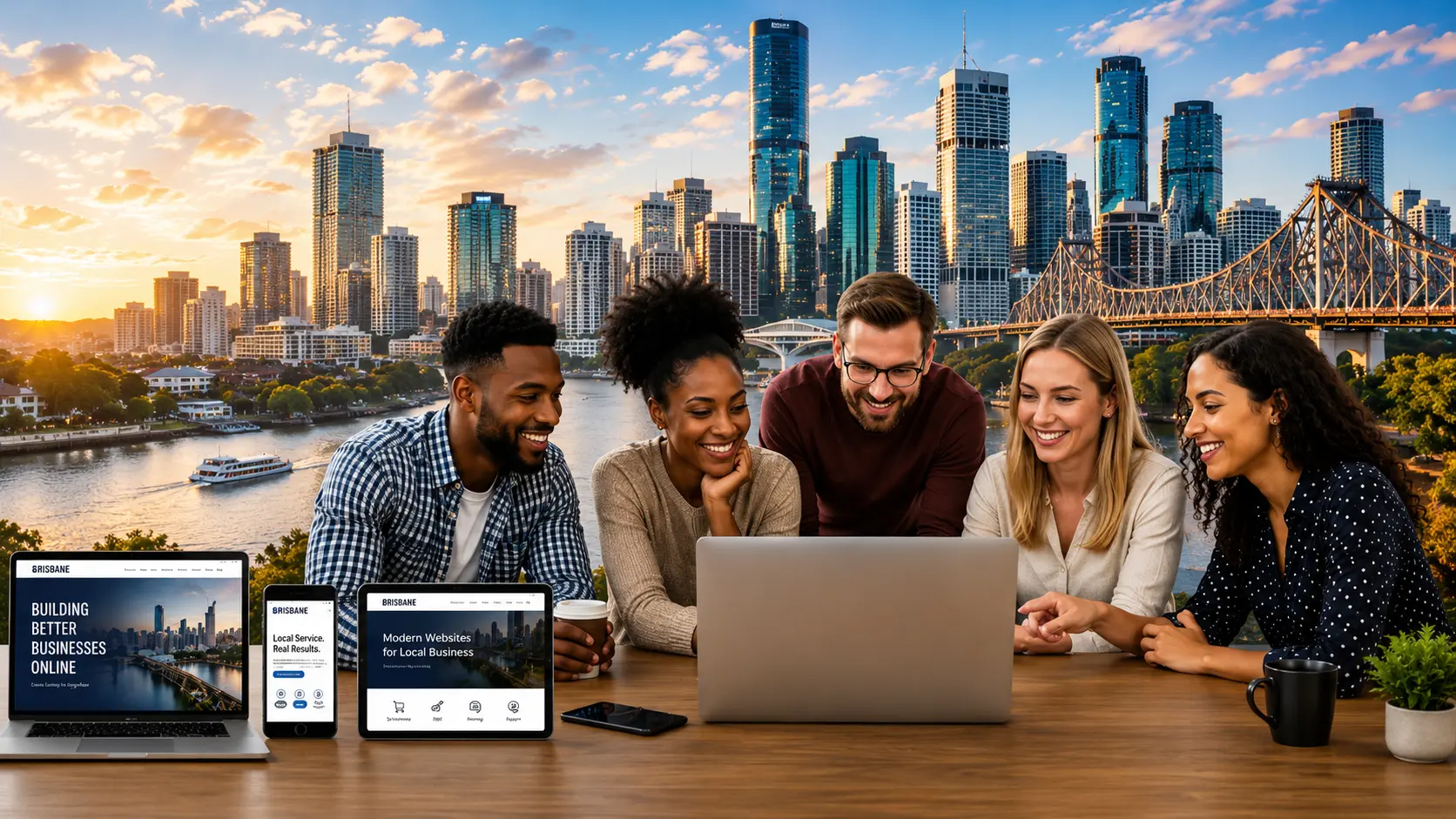 Brisbane Website Designs team collaborating with Brisbane skyline - Professional web design for Brisbane businesses